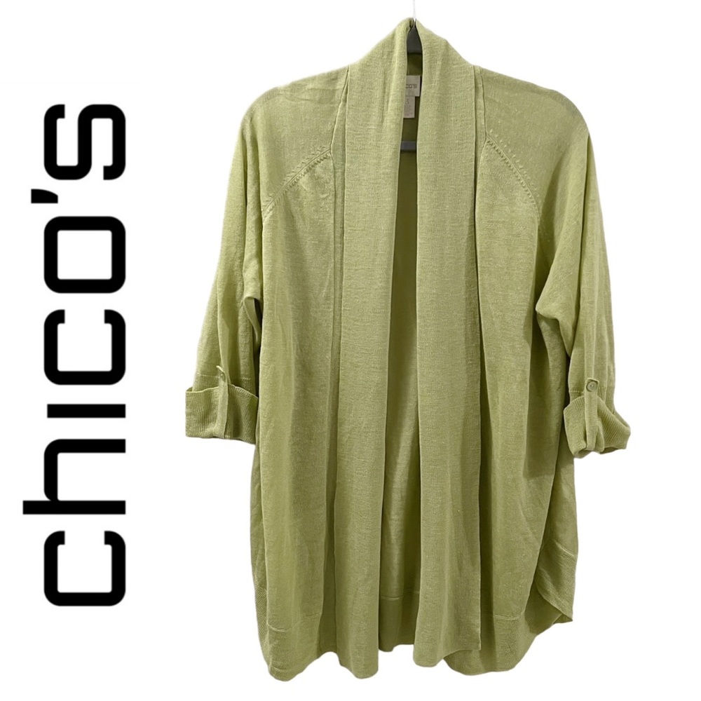 Chico's Cardigan Sweater Kelli Open Front Green ¾ Roll Tab Sleeve